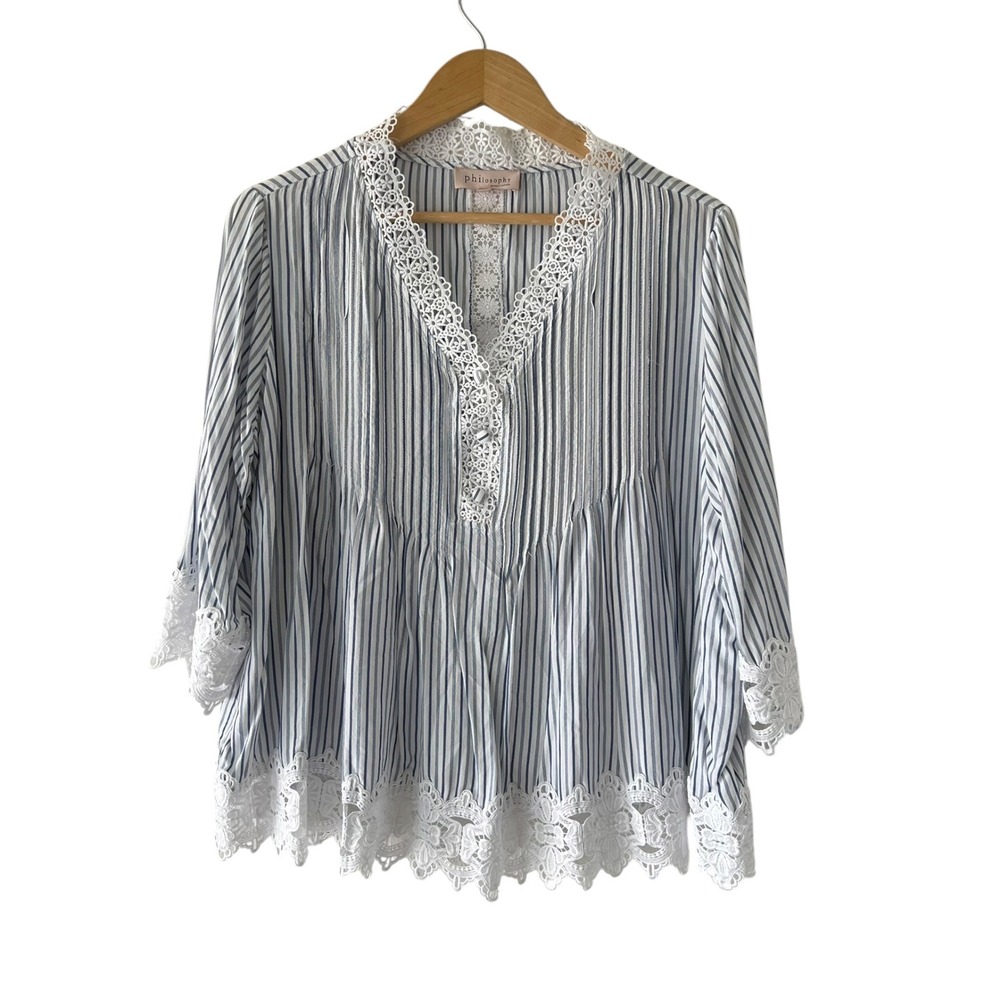Philosophy Republic Clothing Blue White Striped Lace Boho Blouse Womens Large L